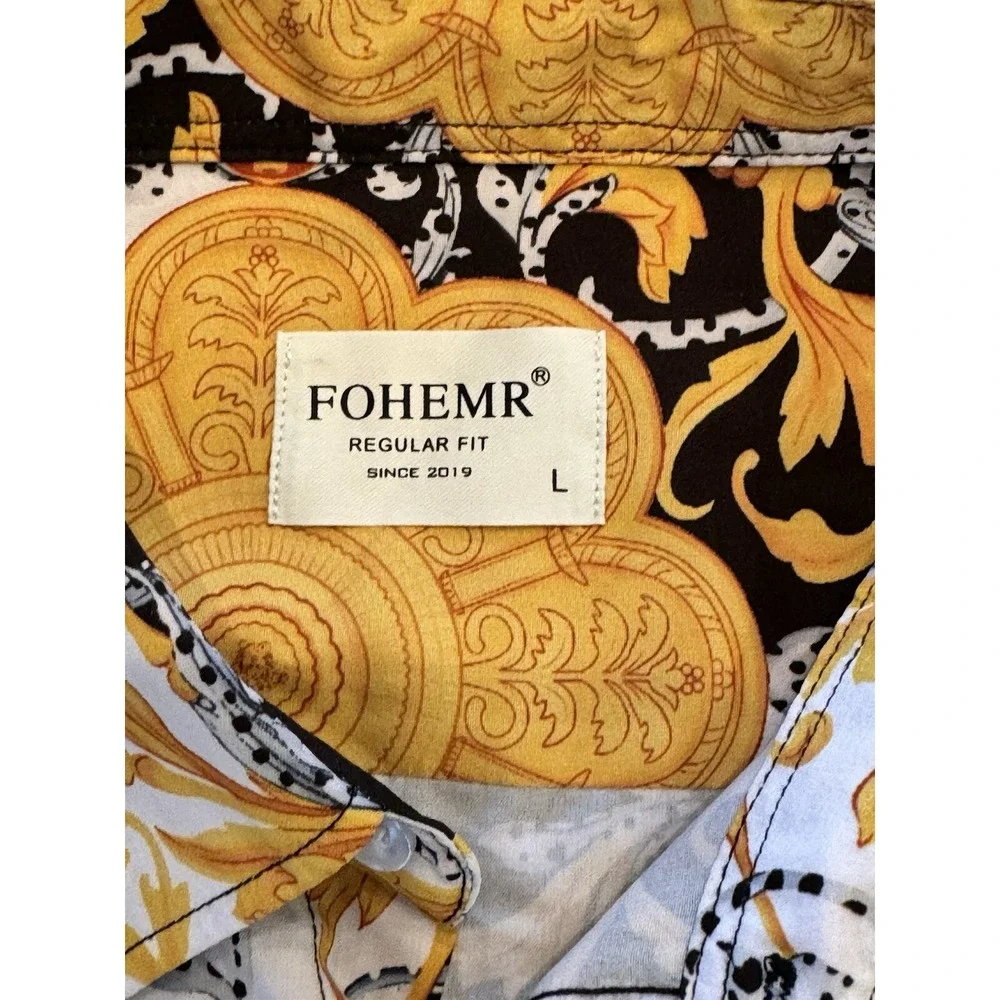 Mens Fohemr Button Up Shirt Men's Size  Large Baroque Abstract Print Yellow
